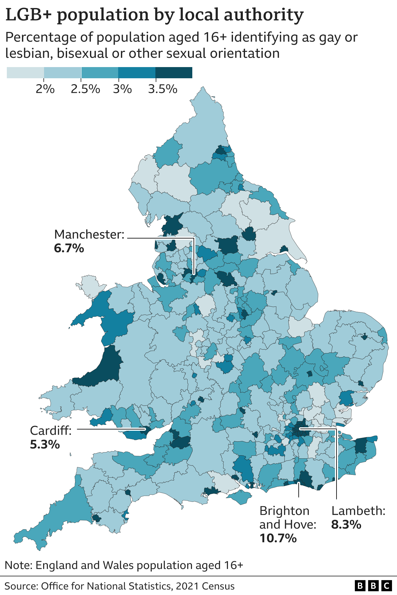 Map of LGB+ sexual orientation by local authority