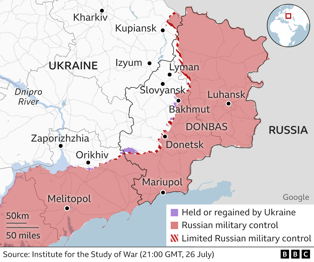 Map showing the front line in Ukraine, and showing the city of Orikhiv