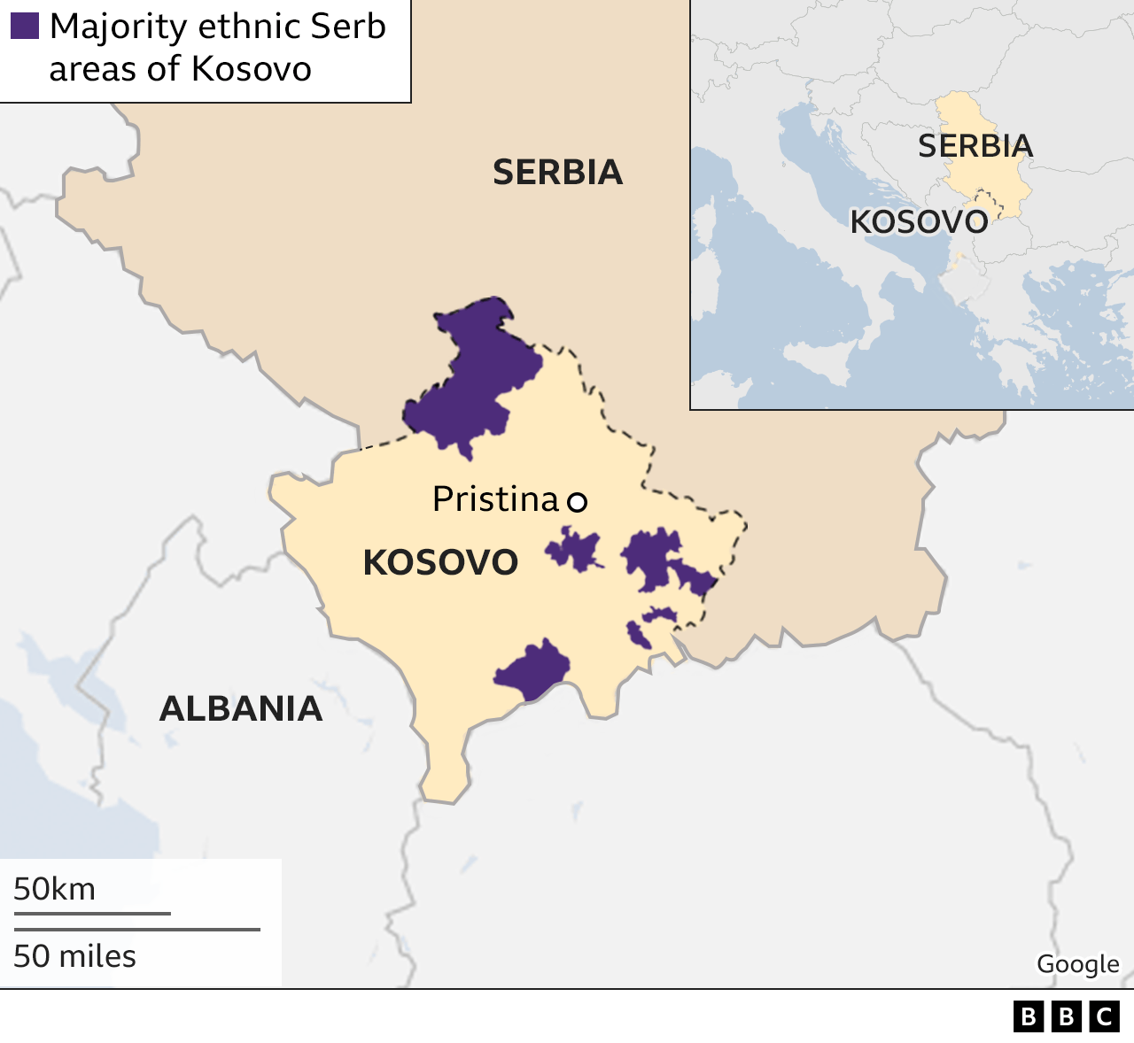 Map showing areas of Kosovo where Serbs are the majority