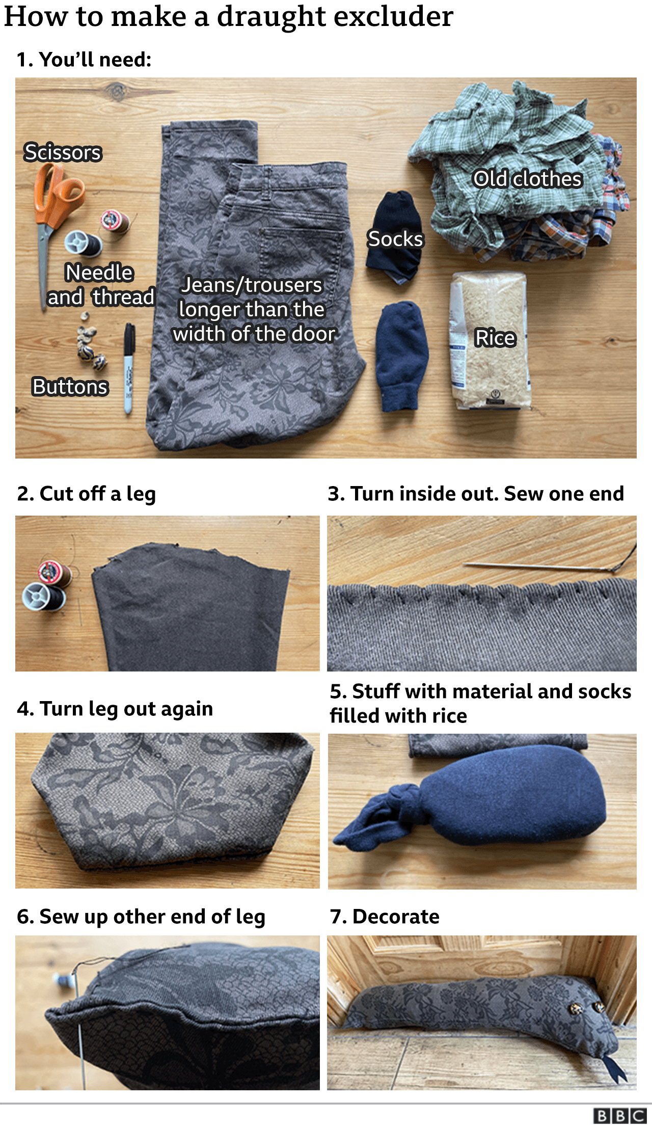 Step-by-step guide to making a draught excluder from a pair of jeans