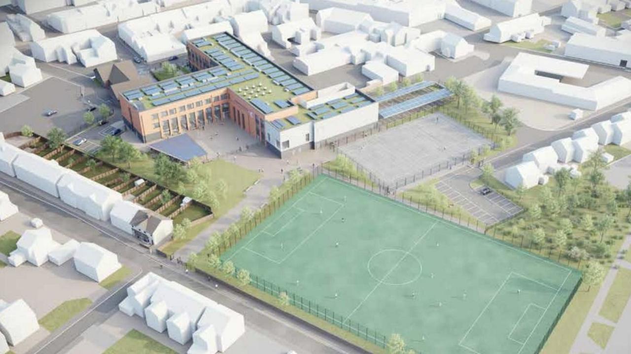 Architect's view of the school, showing the sports areas, as if seen from above