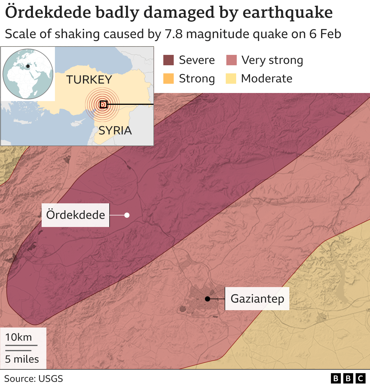 Map showing the location of the village of Orkedede in Turkey - the village is close to the epicentre of the 7.8 magnitude earthquake that happened on 6 Feb