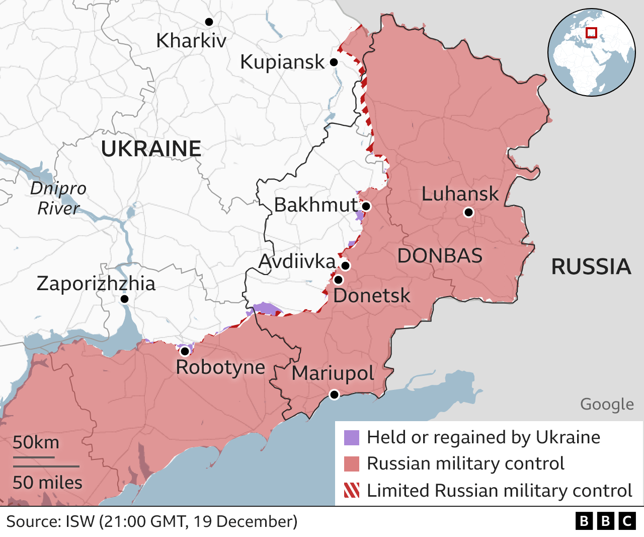 Map showing position of Russian troops on the eastern front of Ukraine, highlighting the positions of Kupiansk, Bakhmut and Avdiivka