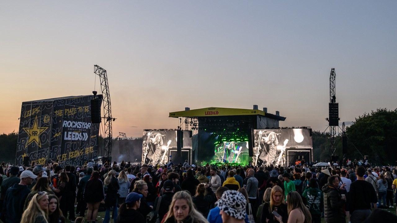 A general view of the arena and main stage during Catfish and The Bottlemen's performance with lots of festival-goers on day one of Leeds Festival 2024 at Bramham Park on August 23, 2024 in Leeds, England