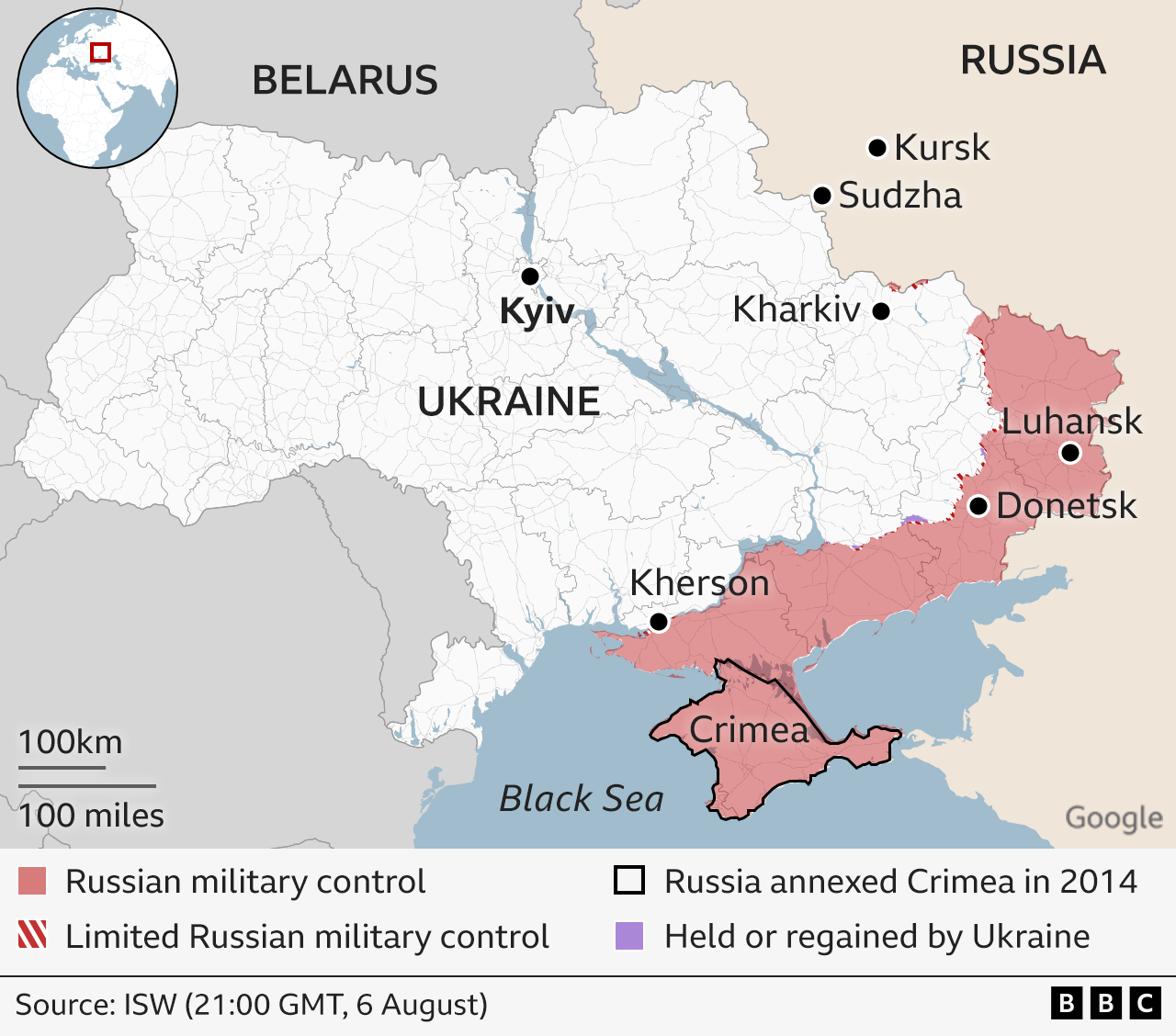 Map showing Ukraine and Russia, highlighting Kursk.