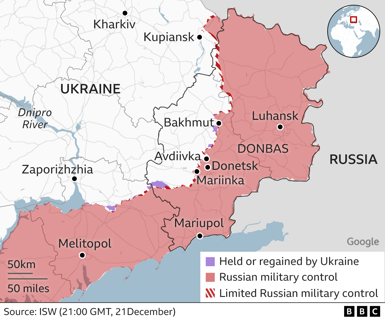 Map showing position of Russian troops on the eastern front of Ukraine, highlighting the positions of Kupiansk, Bakhmut and Avdiivka