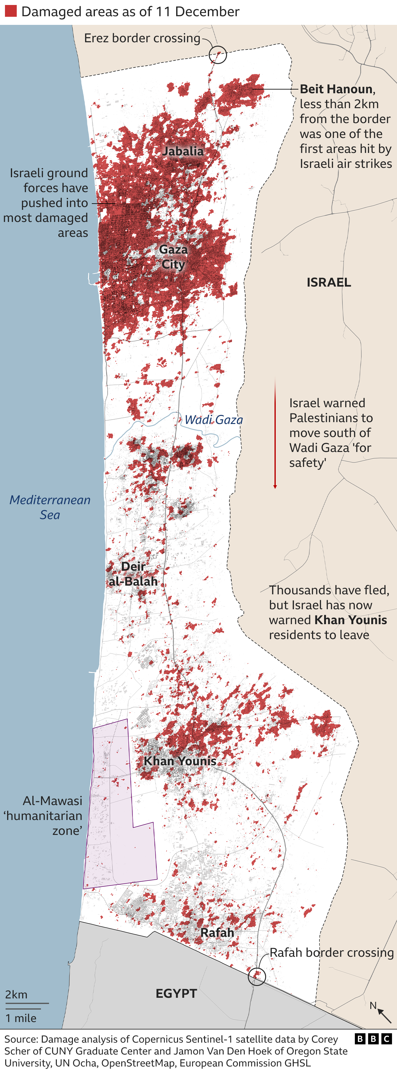 Map showing damaged areas in Gaza