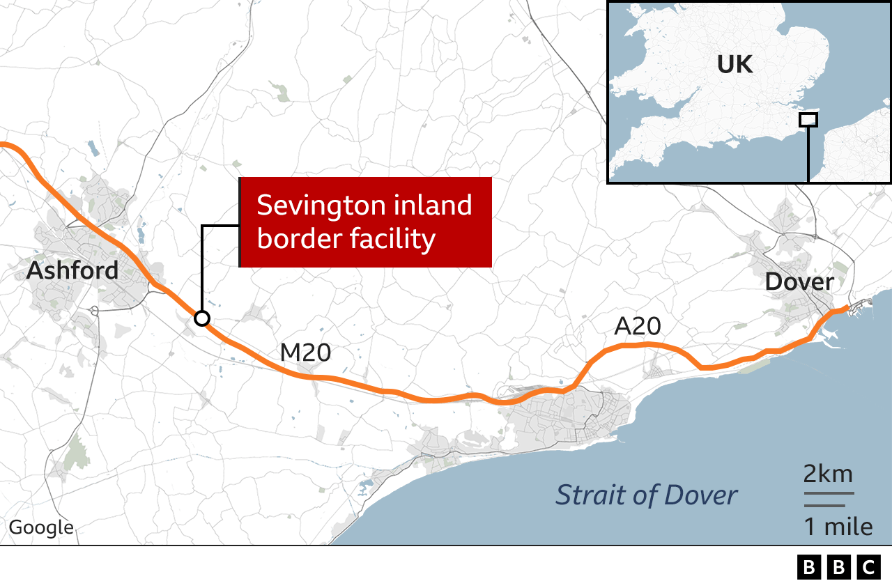 A map showing Sevington in relation to Dover