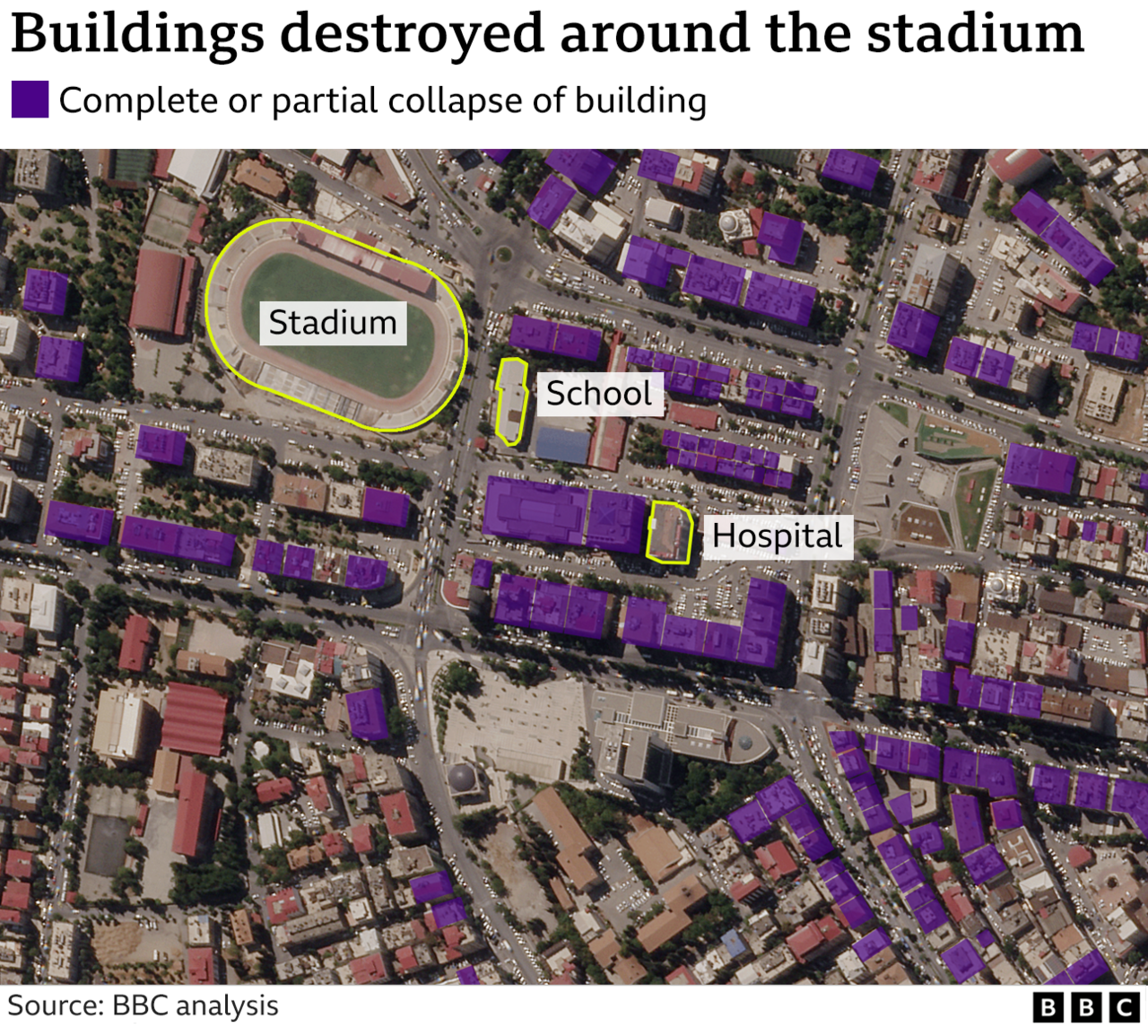 Satellite image showing which buildings near the stadium have been destroyed