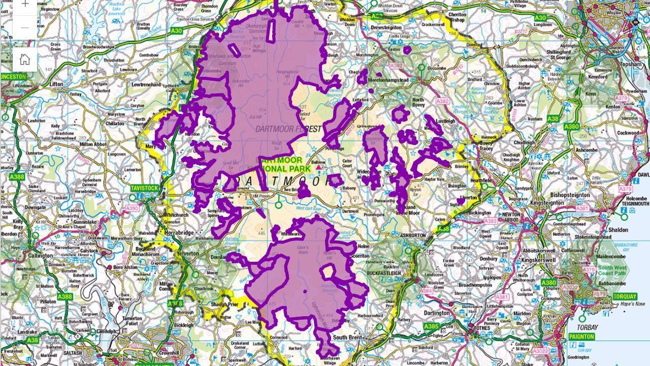 A map showing Dartmoor with areas highlighted in purple.
