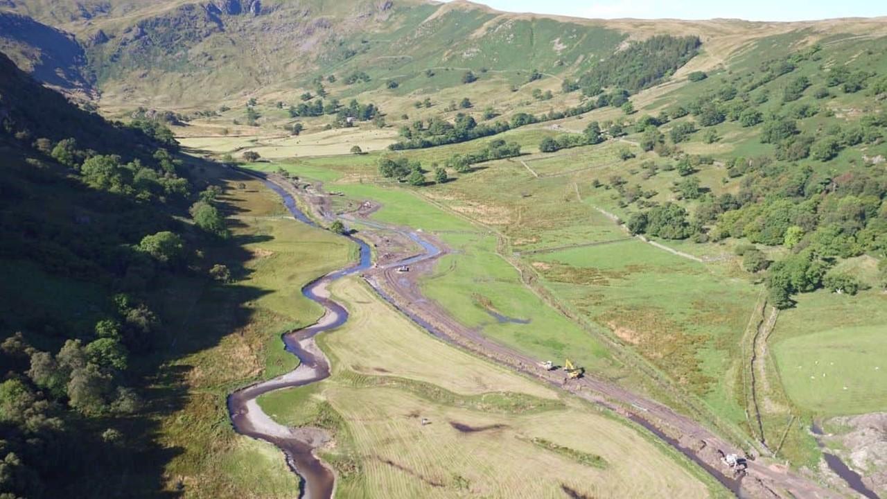 Aerial photo showing Swindale Beck returned to a meandering course