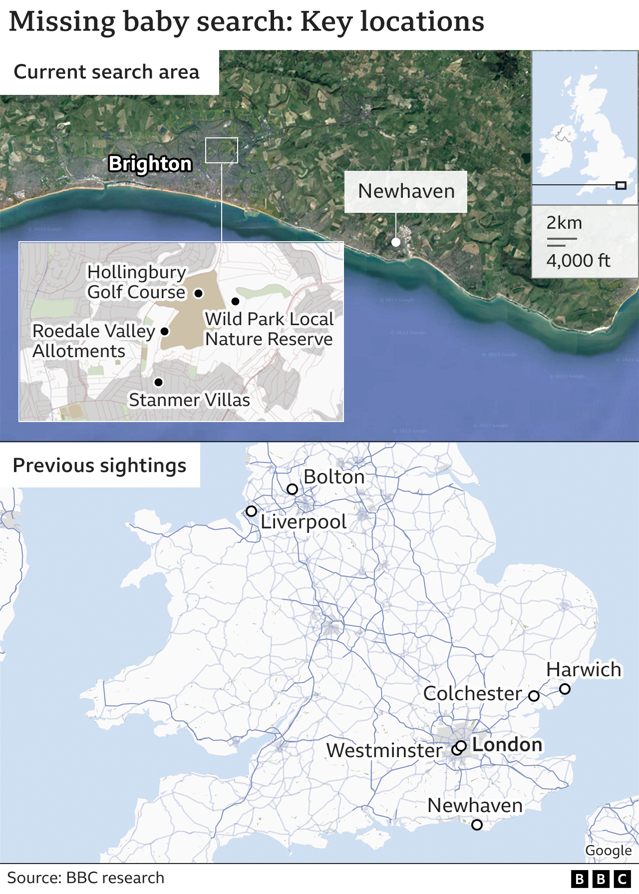 Maps showing the key locations in the search for the missing baby and the sightings of Constance Marten and Mark Gordon around England before their arrest