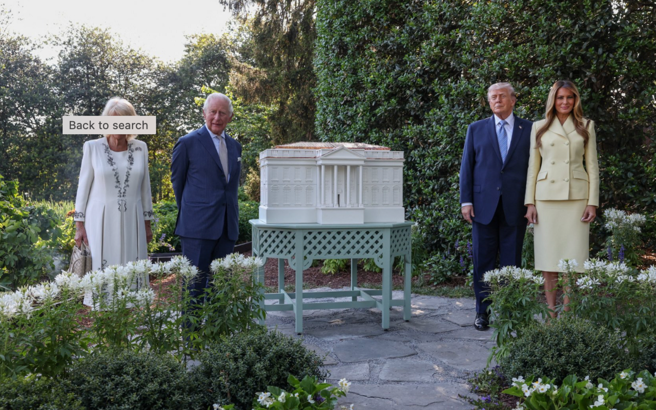 Queen Camilla, King Charles, US President Donald Trump and First Lady Melania stand next to a White House beehive in the grounds of the White House 