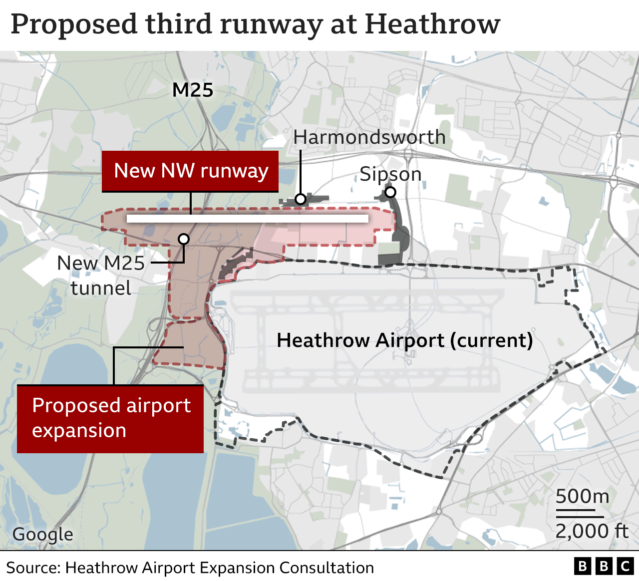 Map of Heathrow airport showing expansion area