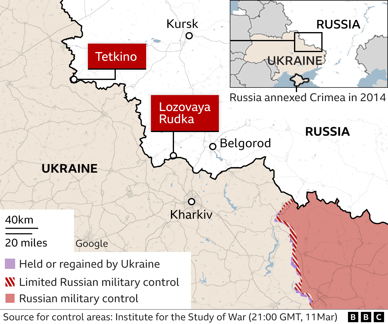 A map showing the location of Tetkino and Lozovaya Rudka near the border between Russia and Ukraine