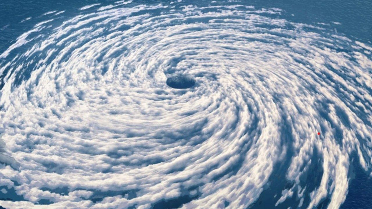 A swirling hurricane seen from above with the eye at the centre