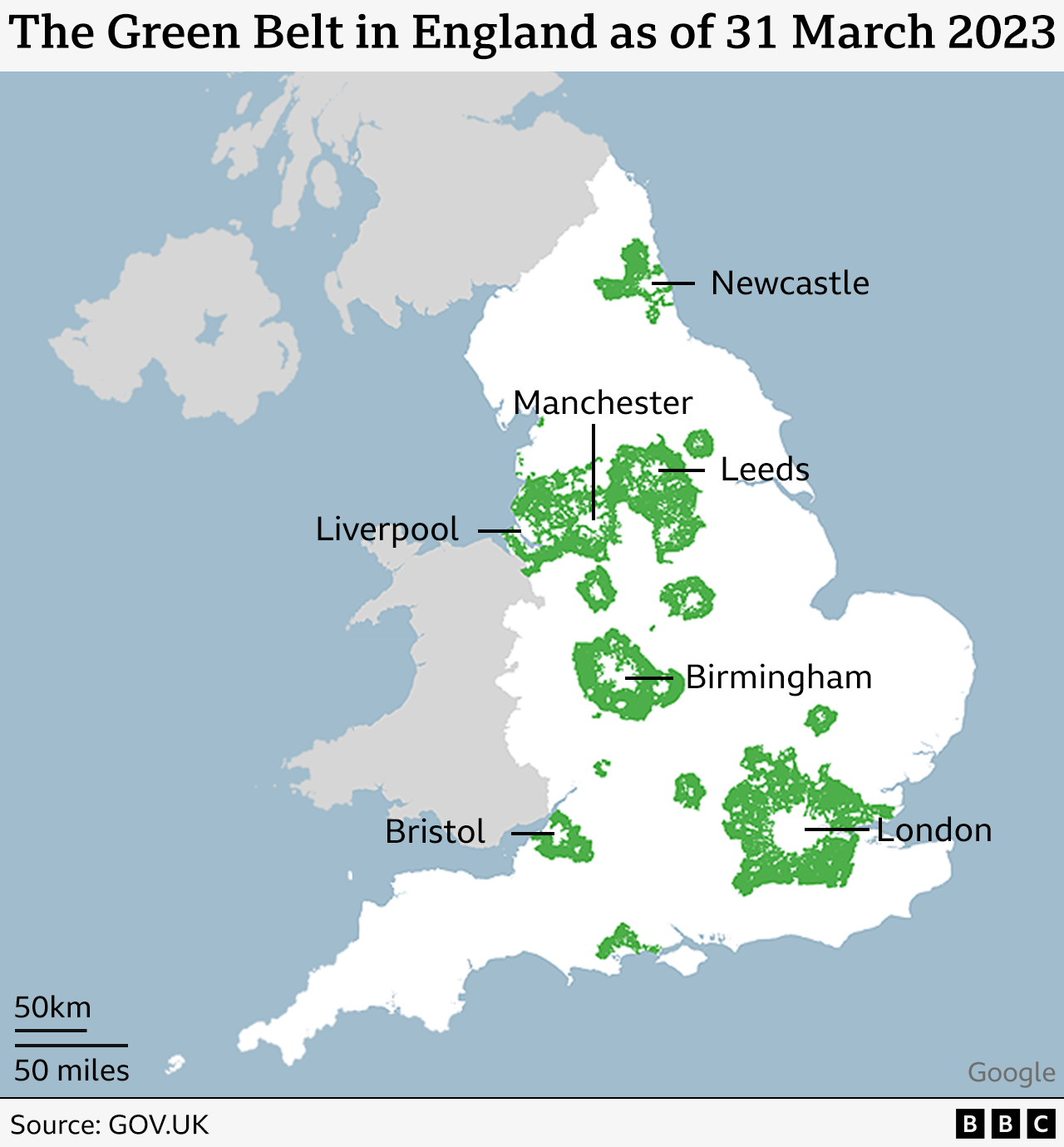 Map showing designation of green belt land in England