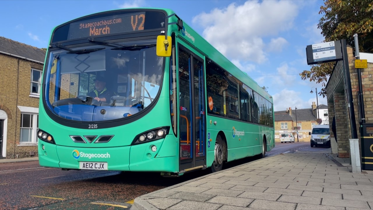 A Stagecoach East bus at a bus stop in Chatteris, Cambridgeshire