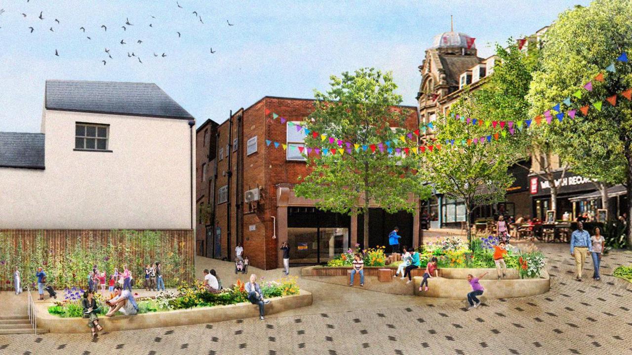 An artist impression shows several people sitting or walking around the square surrounded by trees and flowers. Bunting stretches across the buildings.