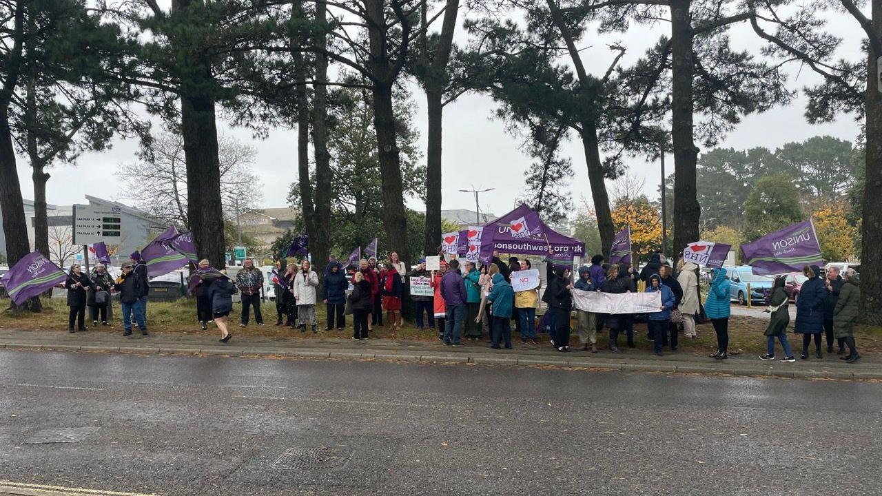 People standing along a road holding placards and UNISON and I LOVE NHS flags. There are trees in the background. The sky is grey. Behind them is a car park and there are some cars. The road is in front of them.
