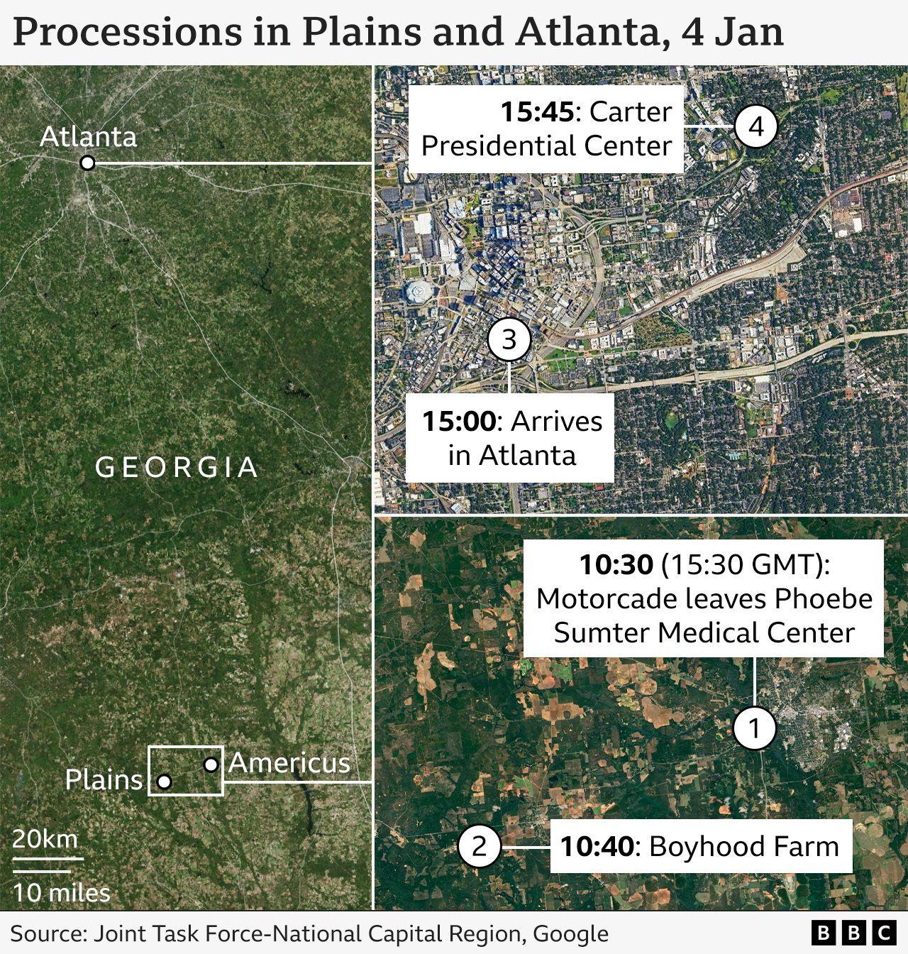 Map showing planned route of Carter remains in motorcade around Plains, Georgia