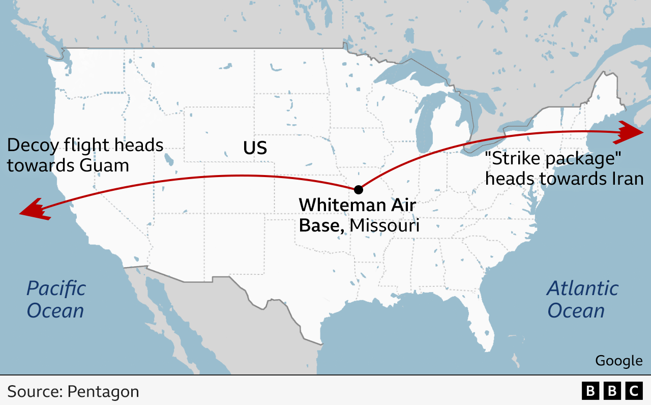 A map of the US showing that at the same time the strike package of B-2s took off from Whiteman Air Base in Missouri, another team of B-2s set off in the opposite direction on a decoy mission.