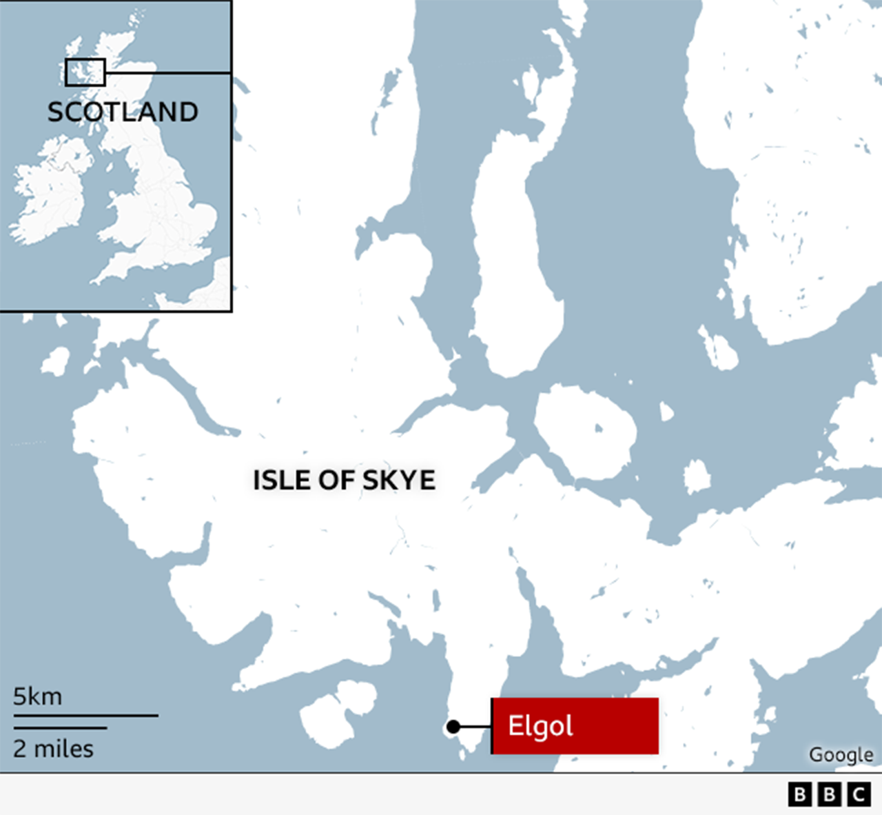 A map of Scotland showing the location of the Isle of Skye and Elgol.