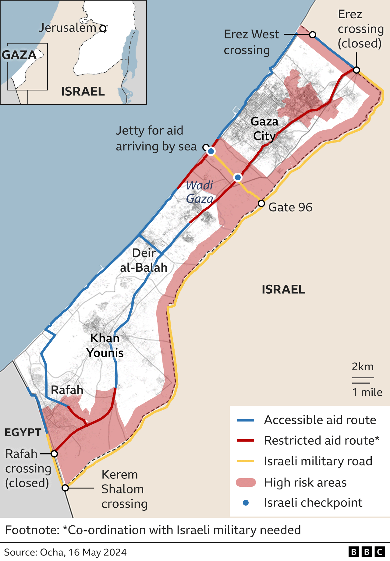 Map showing Gaza crossing points and access restrictions (16 May 2024)