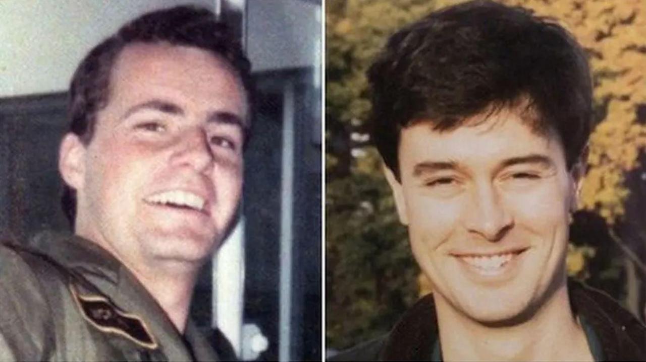 Two old photographs next to each other. On the left is a man with dark hair and eyes smiling at the camera and wearing a khaki top with a military badge on it. On the right is a man with dark hair and dark eyes smiling at the camera and wearing a dark top. Behind him is a tree with yellow leaves.