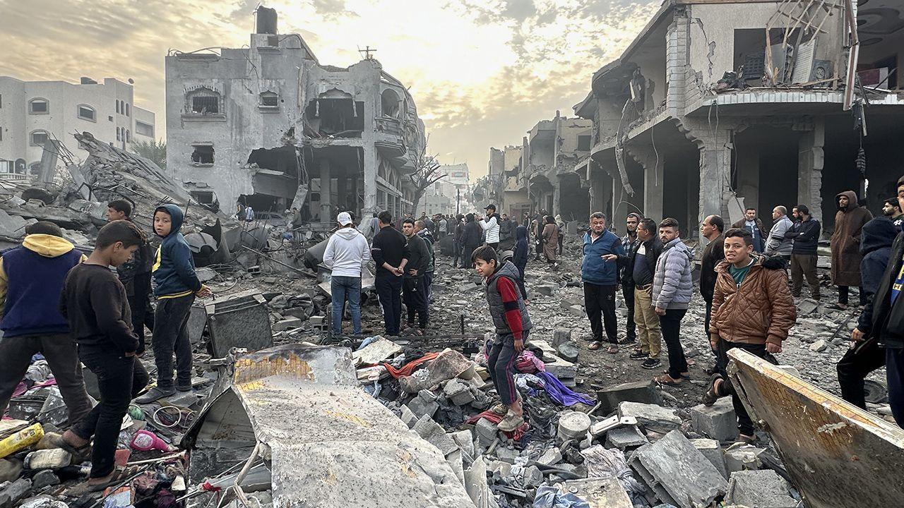 A view of damage at the residential building of Palestinian Aloush family following a fresh Israeli airstrike on Jabalia on Thursday