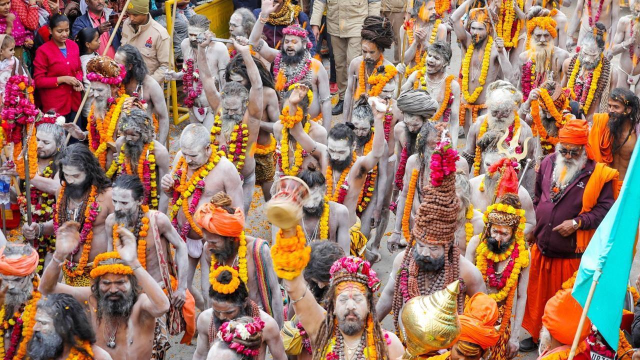 Sadhus participate in a procession at the Mahakumbh