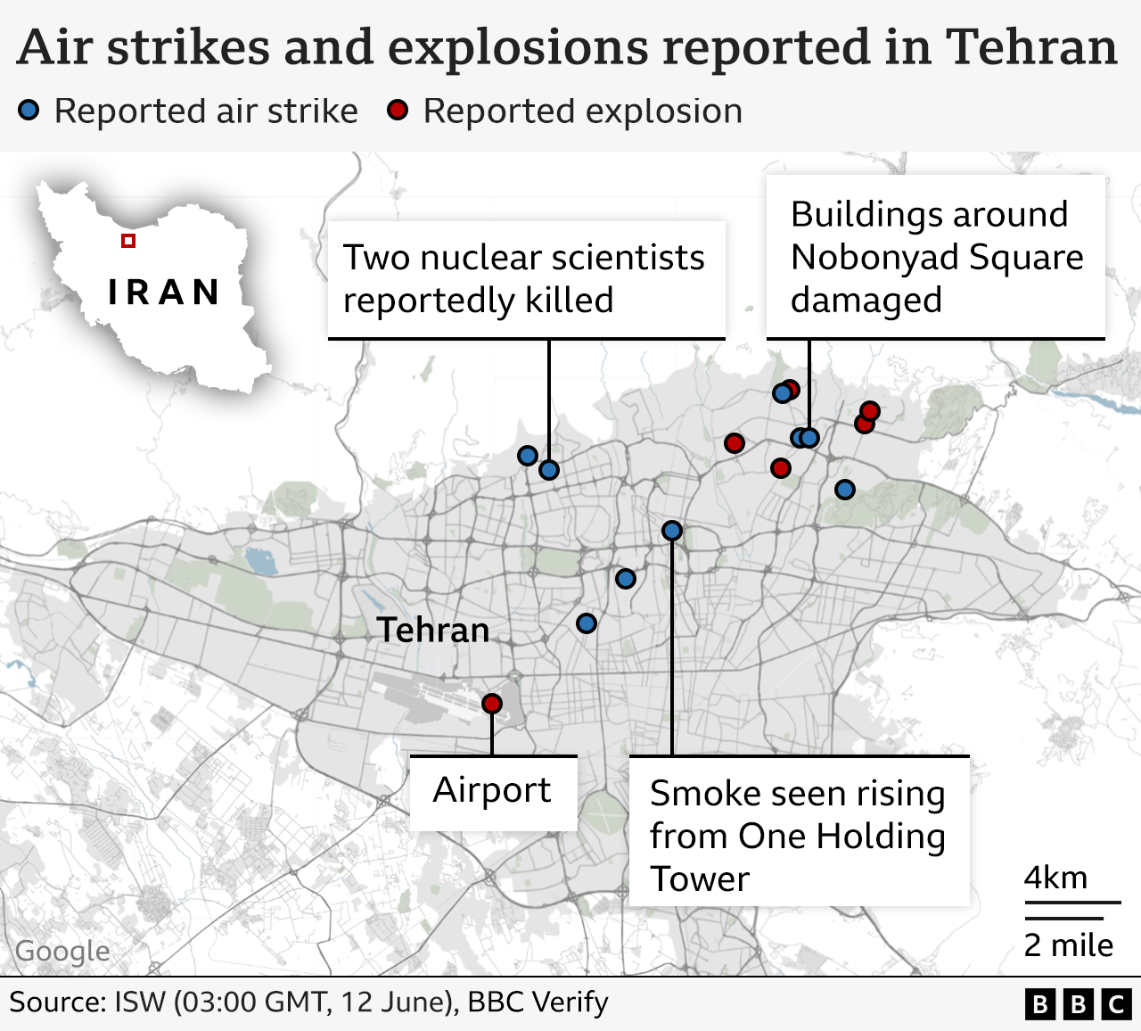 Map showing Tehran with multiple locations in the north west of the city marked as sites of reported air strikes and explosions, including one were two nuclear scientists were reportedly killed. An explosion was also reported at the airport in the south west of the city