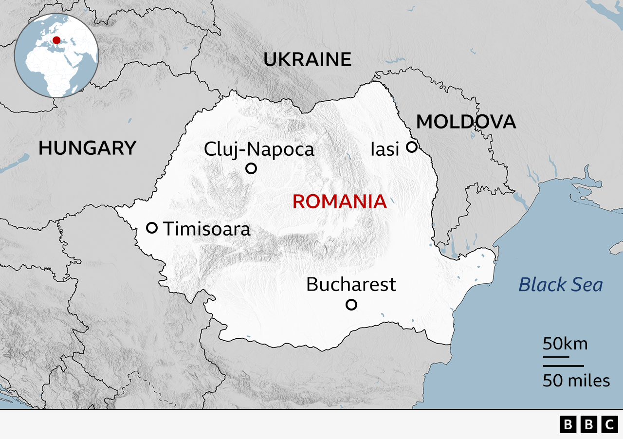 Map showing Romania and its main cities