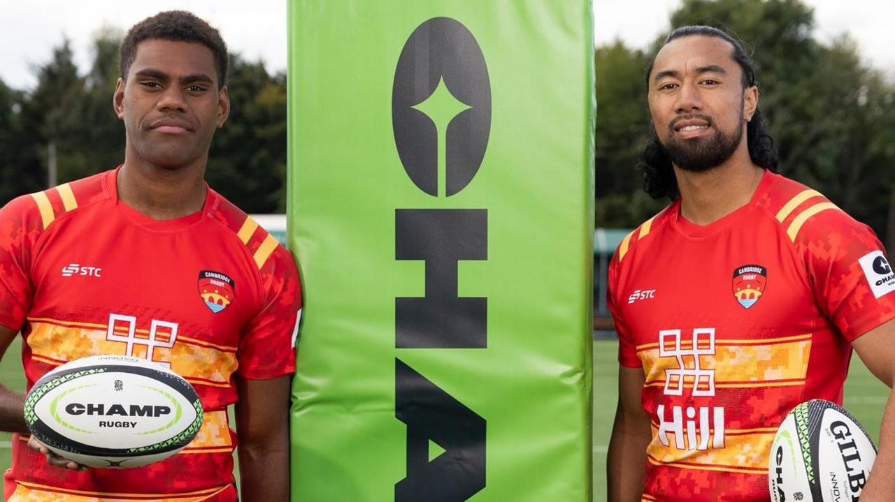 Eparama Rokodrava and Otumaka Mausia holding rugby balls at the Champ pre-season press day in September 2025