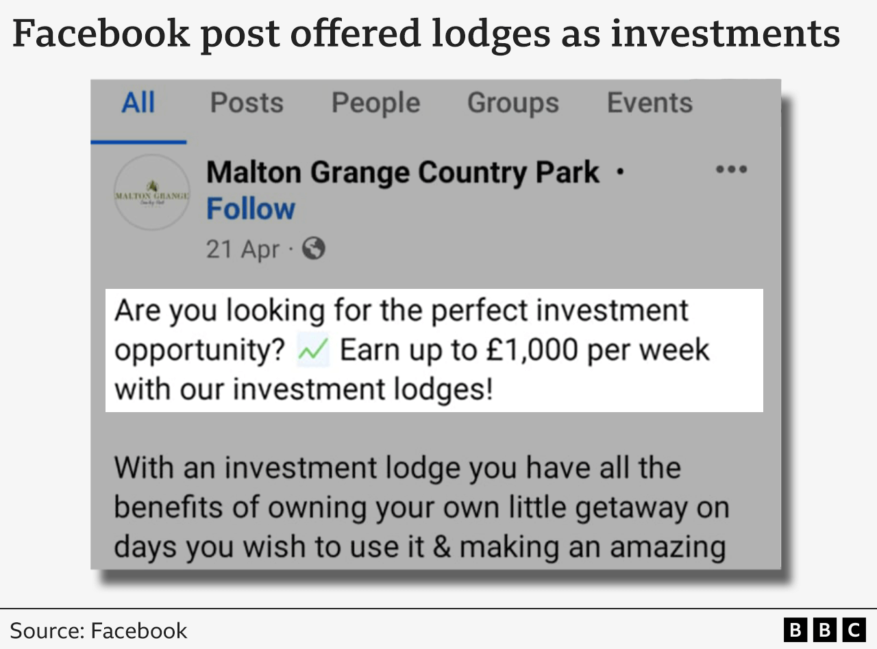 A Facebook post from Malton Grange Country Park, dated April 21, promoting investment lodges. The post reads: 'Are you looking for the perfect investment opportunity? ✅ Earn up to £1,000 per week with our investment lodges! With an investment lodge you have all the benefits of owning your own little getaway on days you wish to use it & making an amazing...'