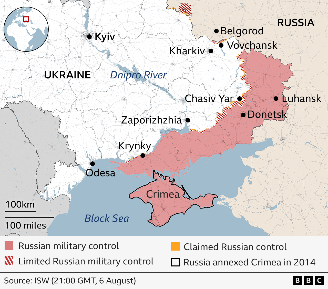 Map showing which areas of east of Ukraine are under Russian military control or limited Russian control.