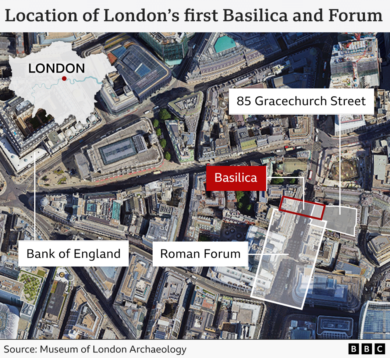 Aerial map showing the location of 85 Leadenhall Street and the first Roman forum and basilica 