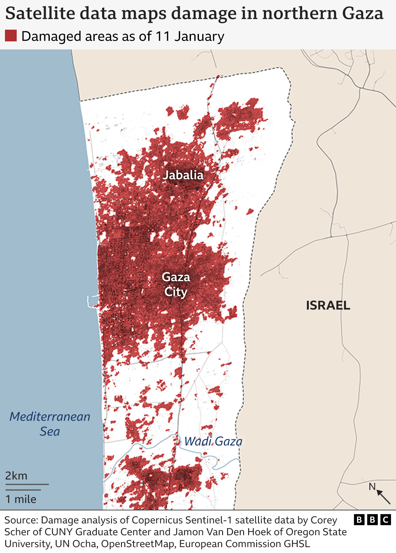 A map showing the damage in northern Gaza