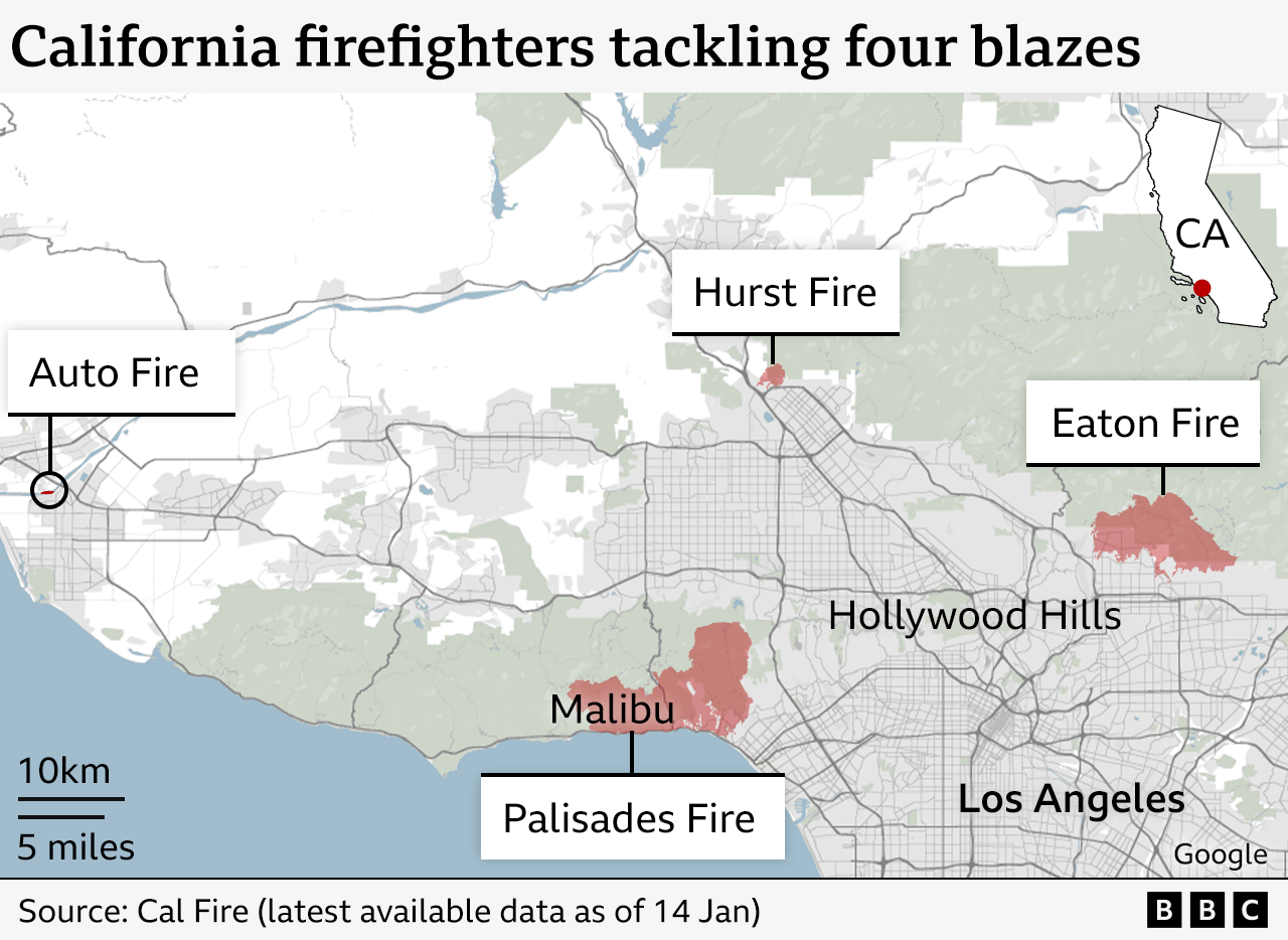 A map shows the locations of four fires being battled in southern California - the Auto, Hurst, Eaton and Palisades fires, which are to the north and north-west of Los Angeles city centre