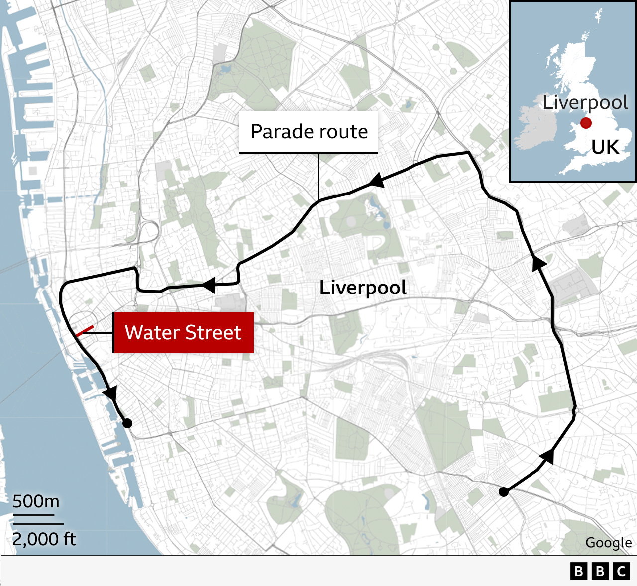 Map showing the parade route through Liverpool and location of Water Street