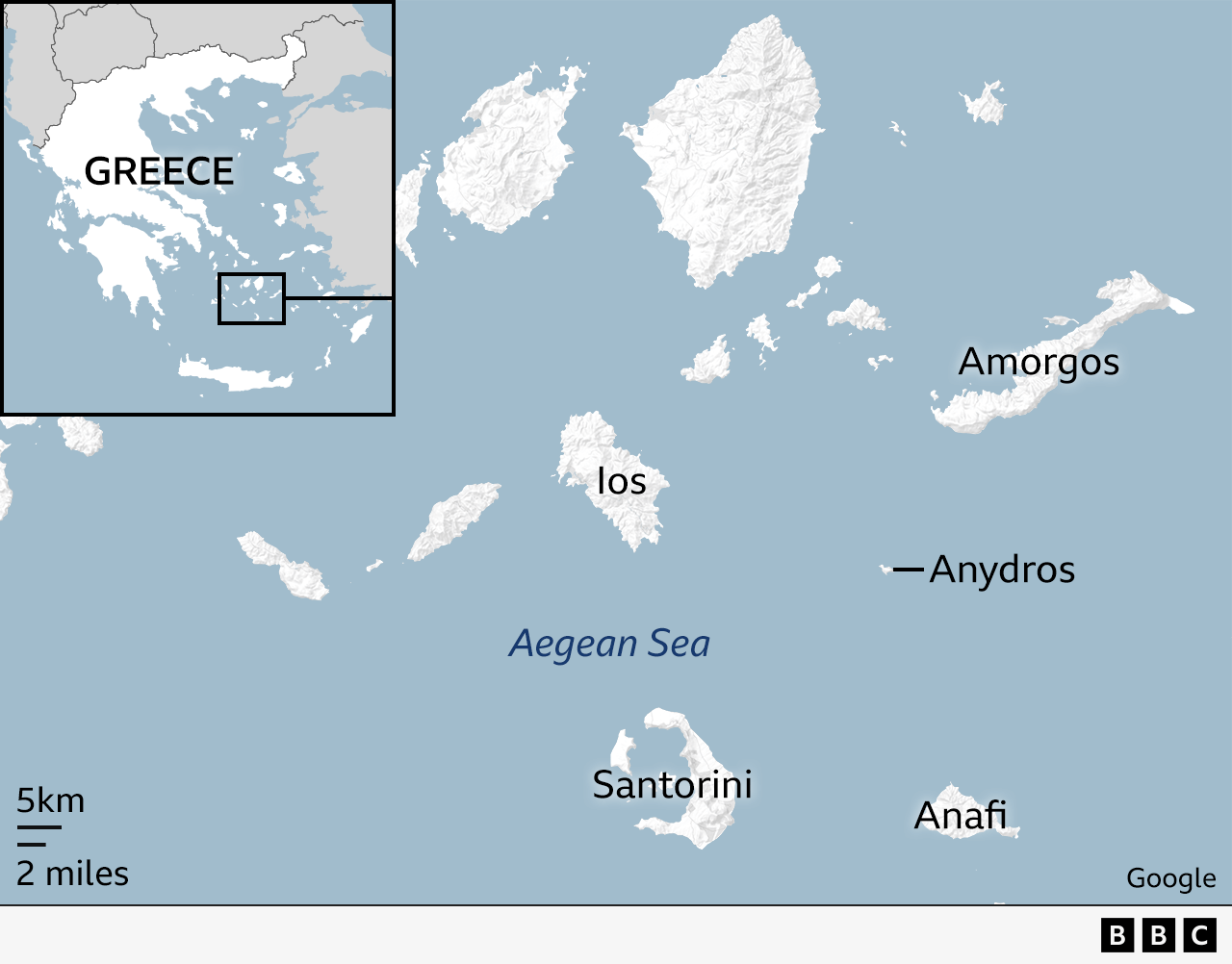 A map showing islands in the Aegean Sea, with Santorini, Anafi, Anydros, Amorgos and Ios labelled.