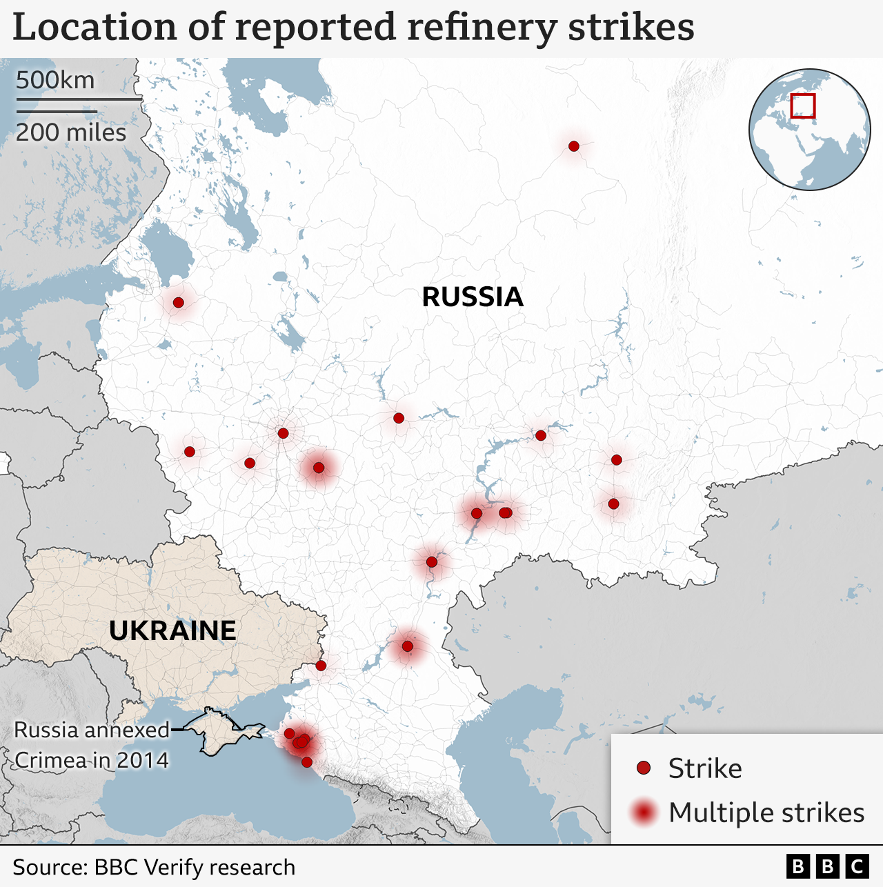 A BBC graphic showing the locations of the refinery strikes marked on a map of Russia. 