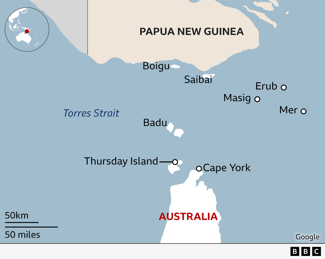 A map shows the location of The Torres Strait Islands. They are inbetween far-north Queensland - shown on the bottom of the map- and Papua New Guinea, which is at the top of the map. The map shows Thursday Island which is the capital of the Torres Strait islands as well as a few more like Badu, Masig, Erub, Mer, Saibai and Boigu.