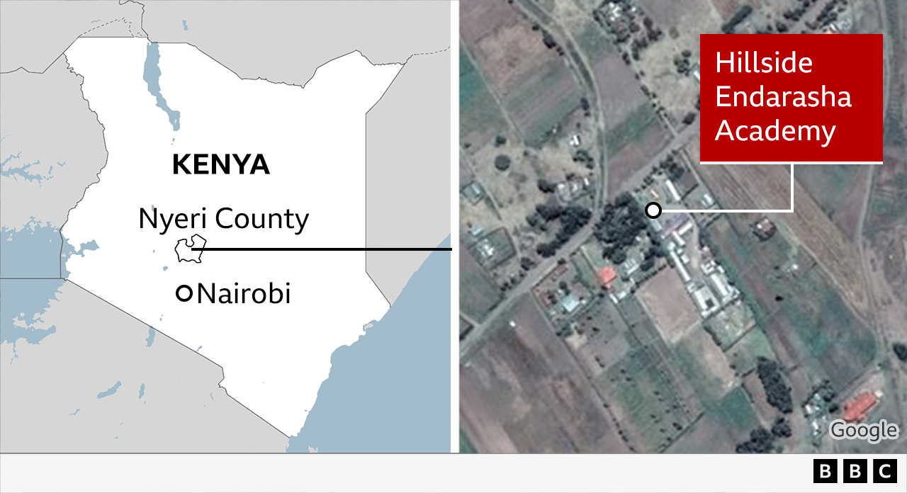 Composite image of map of Kenya showing where Nyeri County is, near Nairobi (left) and a satellite image of where Hillside Endarasha Academy is located (right)