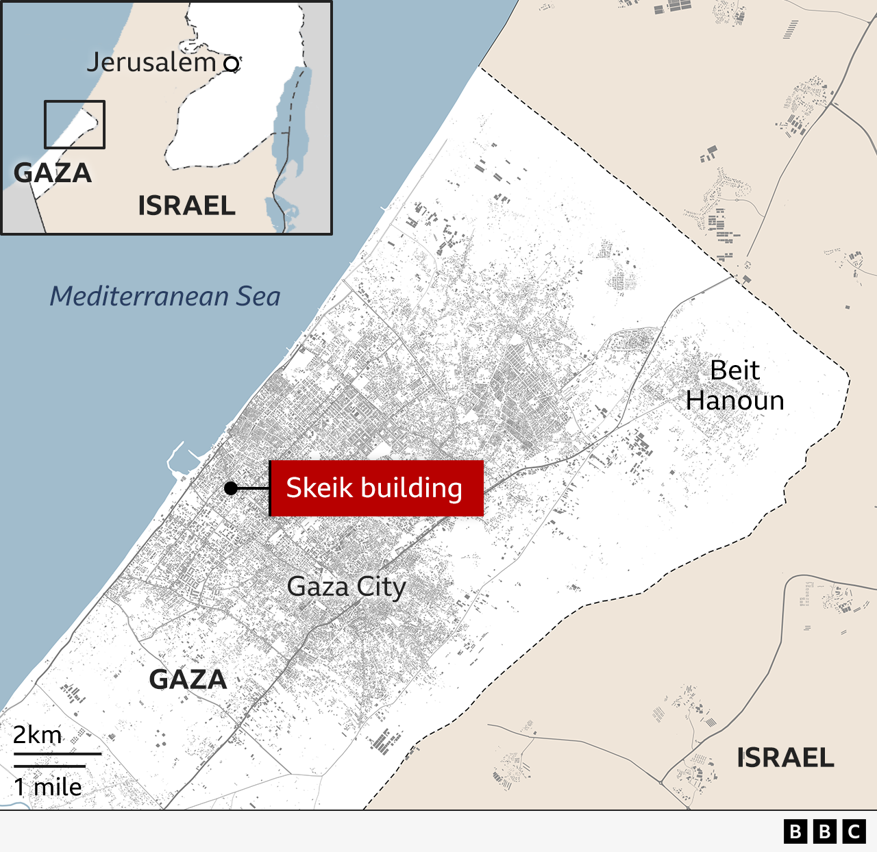 Map of the Gaza Strip and surrounding areas, highlighting Gaza City and Beit Hanoun. A red marker indicates the location of the Skeik building in Gaza City. An inset map in the top left corner shows a wider regional view including Israel, Jerusalem and the Mediterranean Sea.