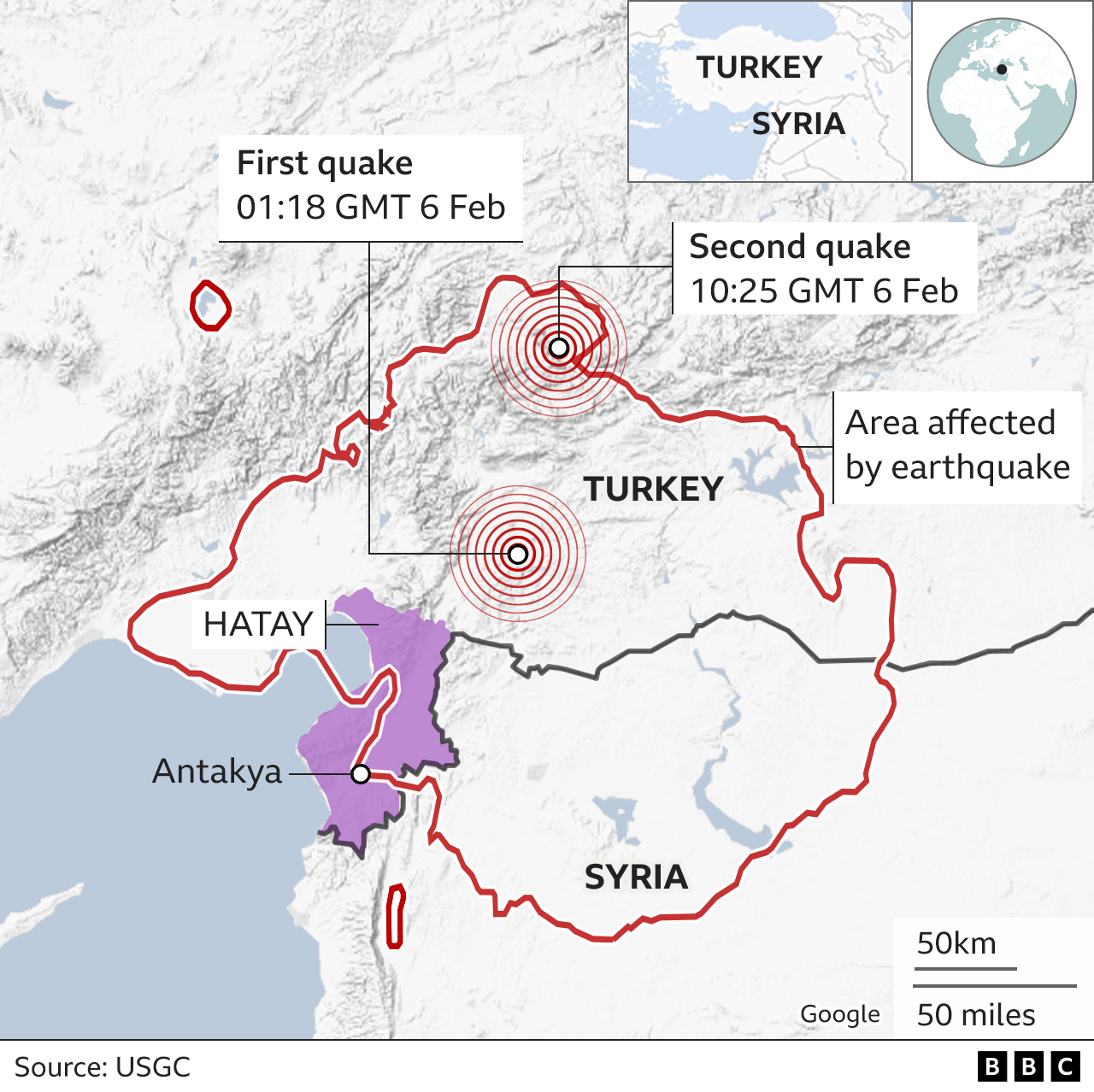 Map showing the area affected by the earthquakes in Turkey, with Antakya highlighted