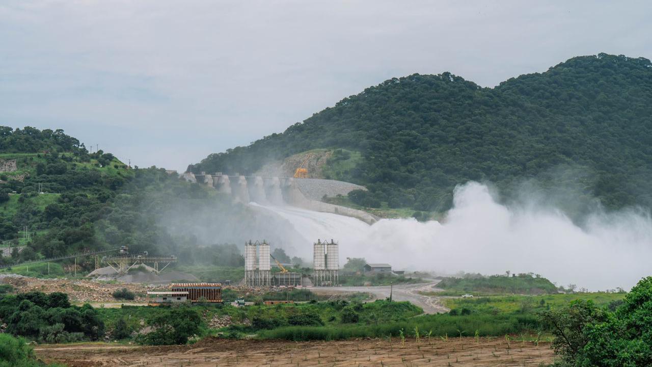 Water flowing through a large dam