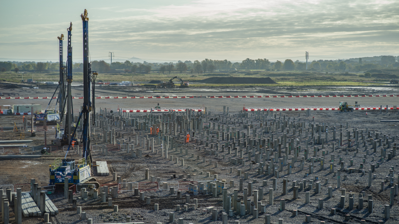 The development site in Bridgwater with hundreds of piles coming out of the ground. 