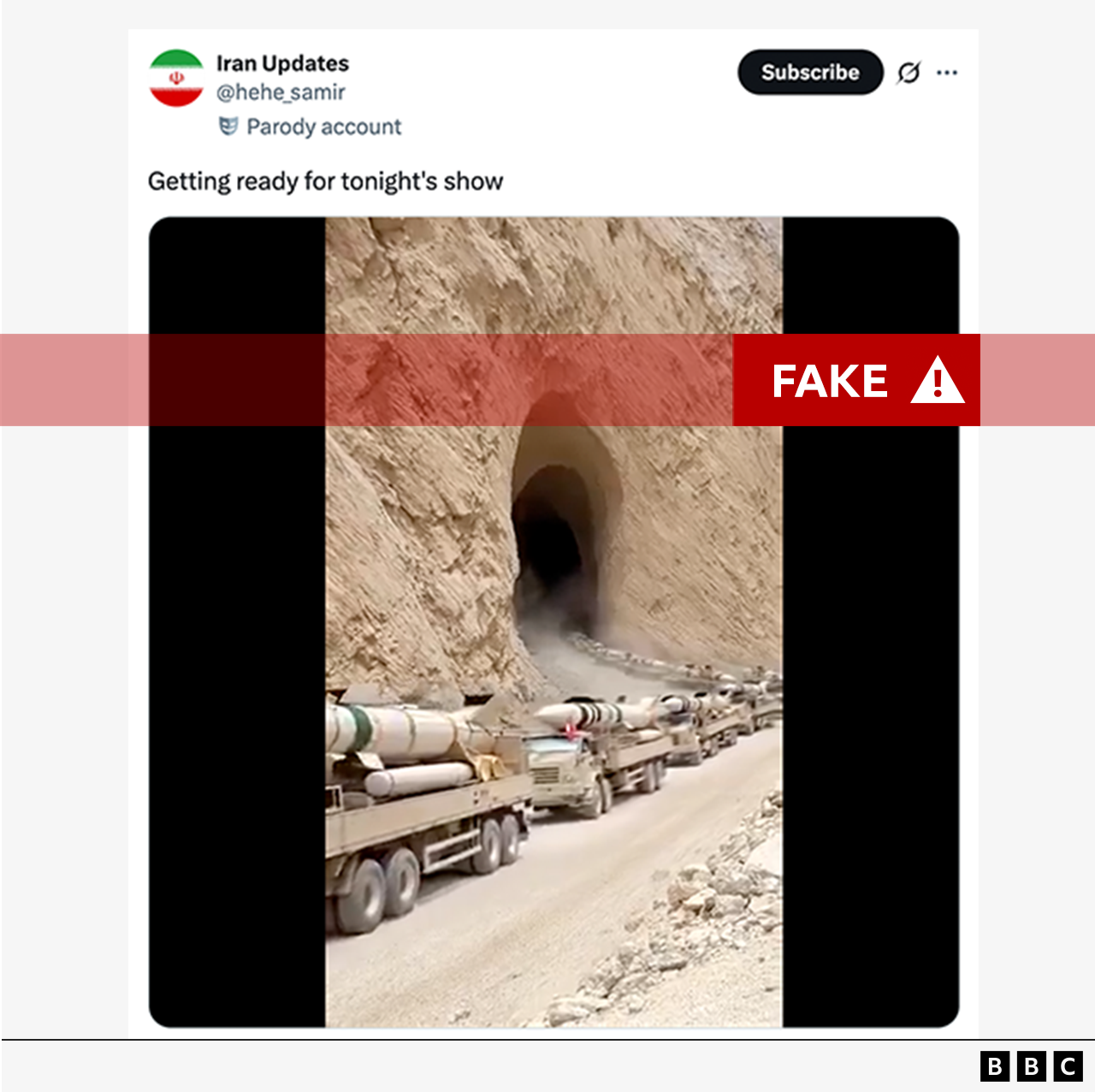 An image showing the fake missiles. Rows of trucks can be seen emerging from a mountainside carrying missiles. A large fake has been imposed over it.