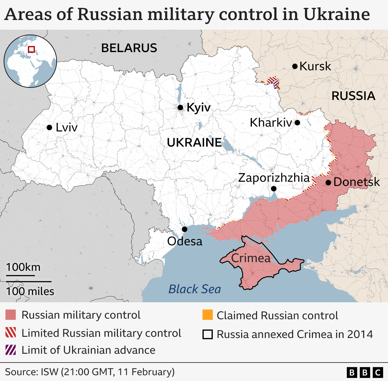 A map of areas of Russian military control in Ukraine